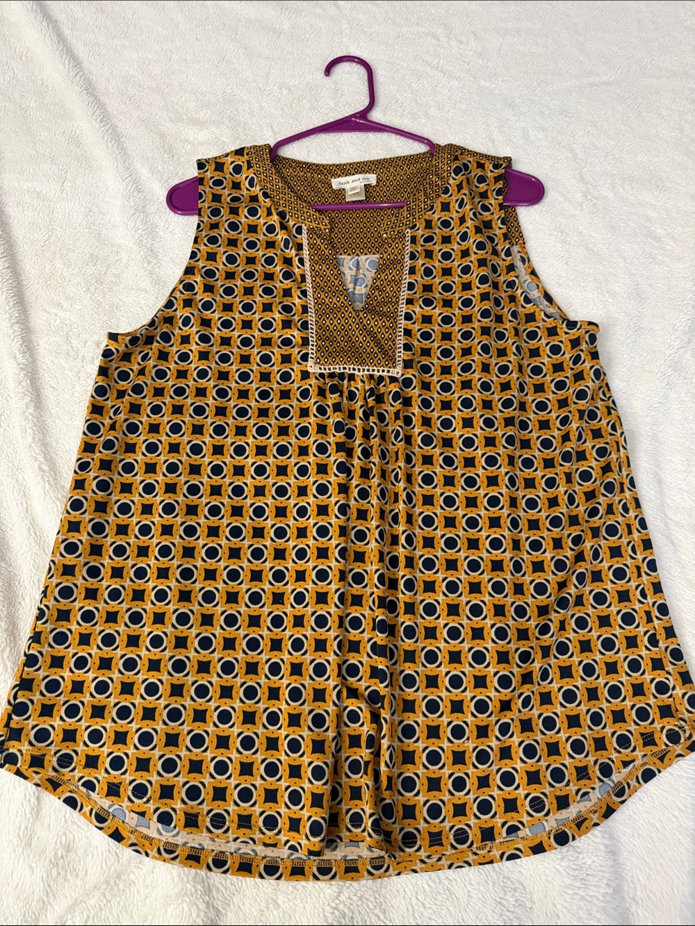 Faith and Joy Navy and Mustard Geometric Sleeveless Tank Top
